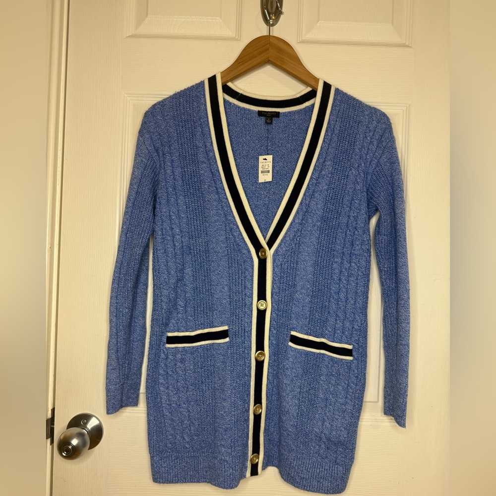 NWT Talbots Iris Blue Cable Knit Tipped Girlfriend Cardigan Sweater Size Petite